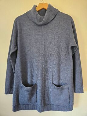 Talbots Petite 100% Merino Wool Cowl Neck Tunic Sweater Blue P Pockets